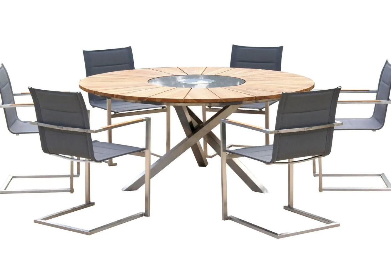 OUTFLEXX Garten-Essgruppe, silber, Edelstahl/Teak, Ø 170 cm, 6 Freischwinger, inkl. drehbarer Granitplatte + Eiskühler, FSC®-zertifiziertes Produkt