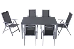 OUTFLEXX Garten-Essgruppe, silber/anthrazit, Alu/Spraystone/Textilen, 160 x 95 cm, 4 Stapelsessel, 2 Klappstühle