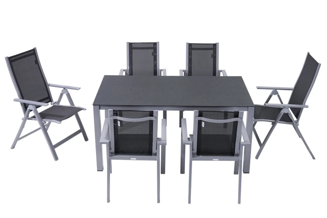 OUTFLEXX Garten-Essgruppe, silber/anthrazit, Alu/Spraystone/Textilen, 160 x 95 cm, 4 Stapelsessel, 2 Klappstühle