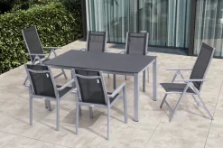 OUTFLEXX Garten-Essgruppe, silber/anthrazit, Alu/Spraystone/Textilen, 160 x 95 cm, 4 Stapelsessel, 2 Klappstühle