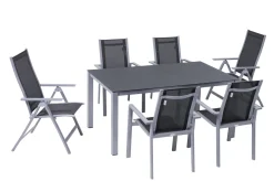 OUTFLEXX Garten-Essgruppe, silber/anthrazit, Alu/Spraystone/Textilen, 160 x 95 cm, 4 Stapelsessel, 2 Klappstühle