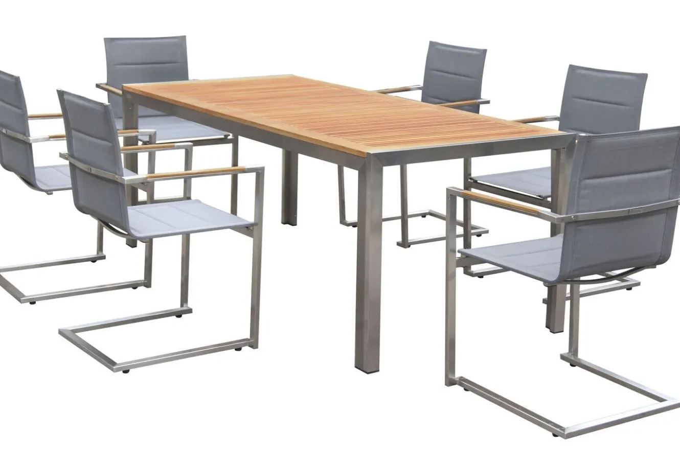 OUTFLEXX Garten-Essgruppe, silber, Edelstahl/Teak, Tisch 180x90cm, 6 Sessel gepolstert