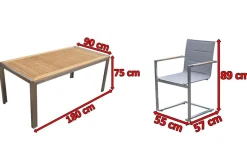 OUTFLEXX Garten-Essgruppe, silber, Edelstahl/Teak, Tisch 180x90cm, 6 Sessel gepolstert