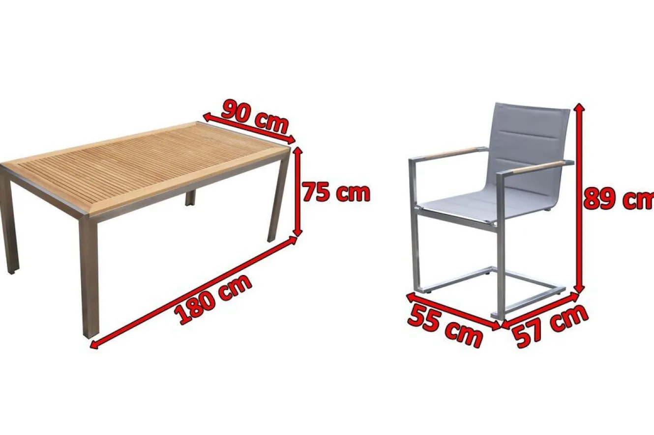 OUTFLEXX Garten-Essgruppe, silber, Edelstahl/Teak, Tisch 180x90cm, 6 Sessel gepolstert