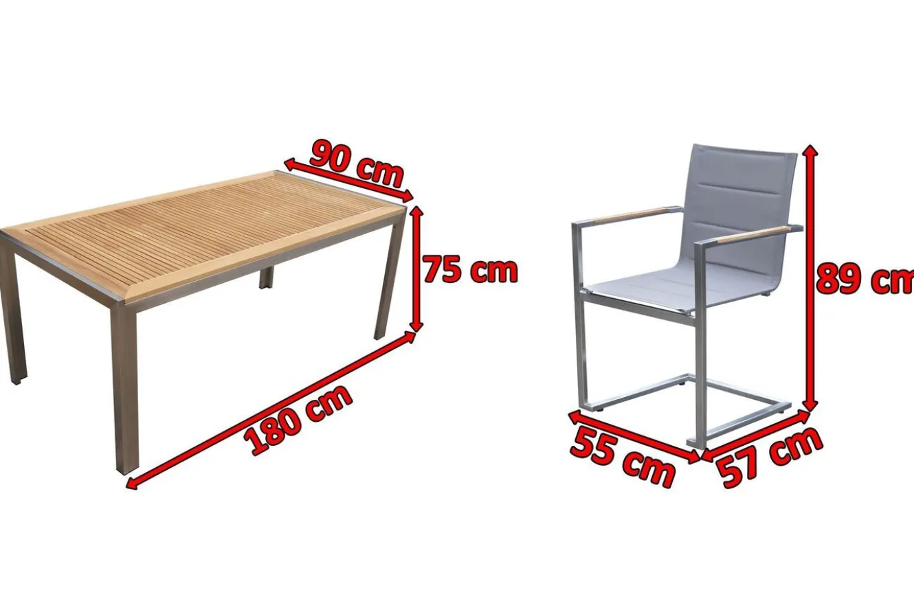 OUTFLEXX Garten-Essgruppe, silber, Edelstahl/Teak, Tisch 180x90cm, 6 Sessel gepolstert