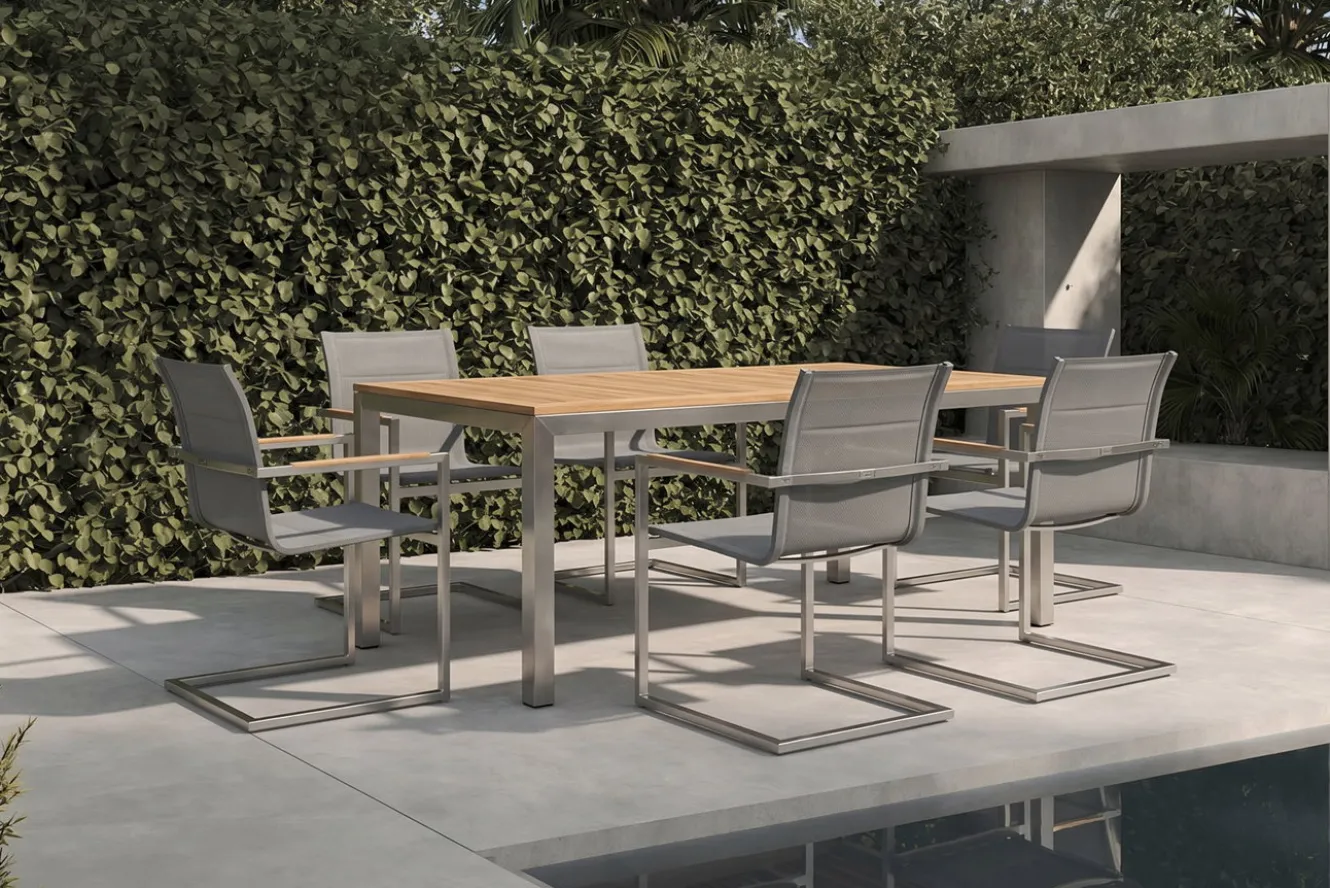 OUTFLEXX Garten-Essgruppe, silber, Edelstahl/Teak, Esstisch 200 x 90 cm, 6 Stapelstühle gepolstert