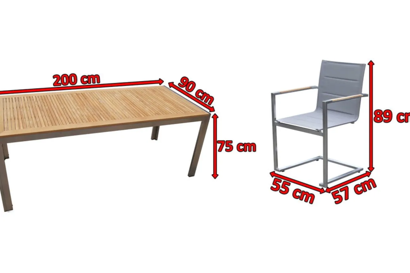 OUTFLEXX Garten-Essgruppe, silber, Edelstahl/Teak, Esstisch 200 x 90 cm, 6 Stapelstühle gepolstert
