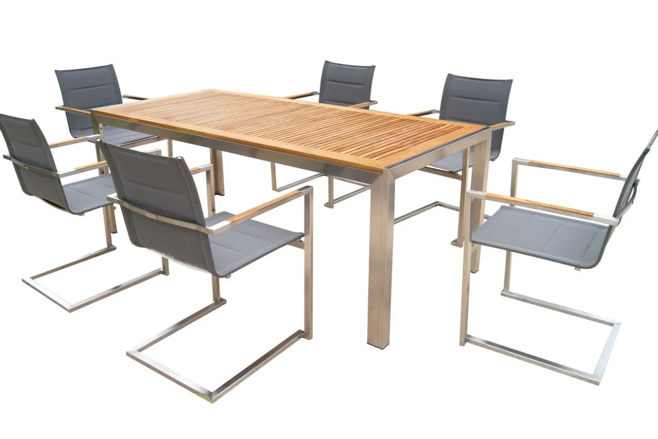 OUTFLEXX Garten-Essgruppe, silber, Edelstahl/Teak, Esstisch 200 x 90 cm, 6 Stapelstühle gepolstert