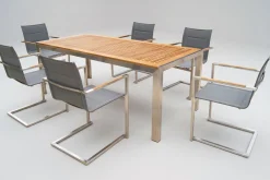 OUTFLEXX Garten-Essgruppe, silber, Edelstahl/Teak, Esstisch 200 x 90 cm, 6 Stapelstühle gepolstert