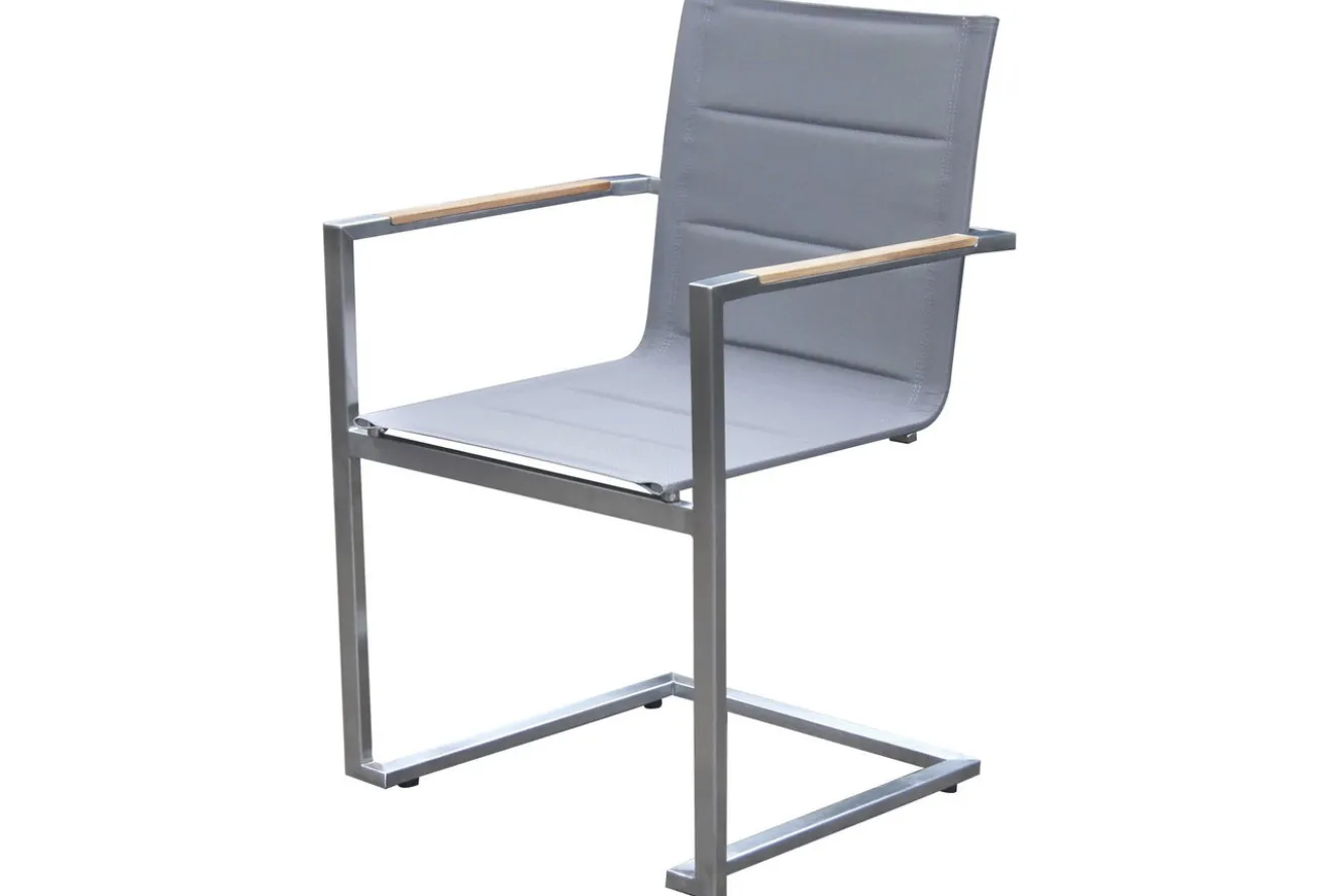 OUTFLEXX Garten-Essgruppe, silber, Edelstahl/Teak, Esstisch 200 x 90 cm, 6 Stapelstühle gepolstert