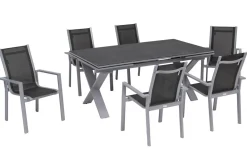 OUTFLEXX Garten-Essgruppe, silber, Alu / Spraystone / Textil, Tisch 180/280x100cm, 6 Stapelsessel