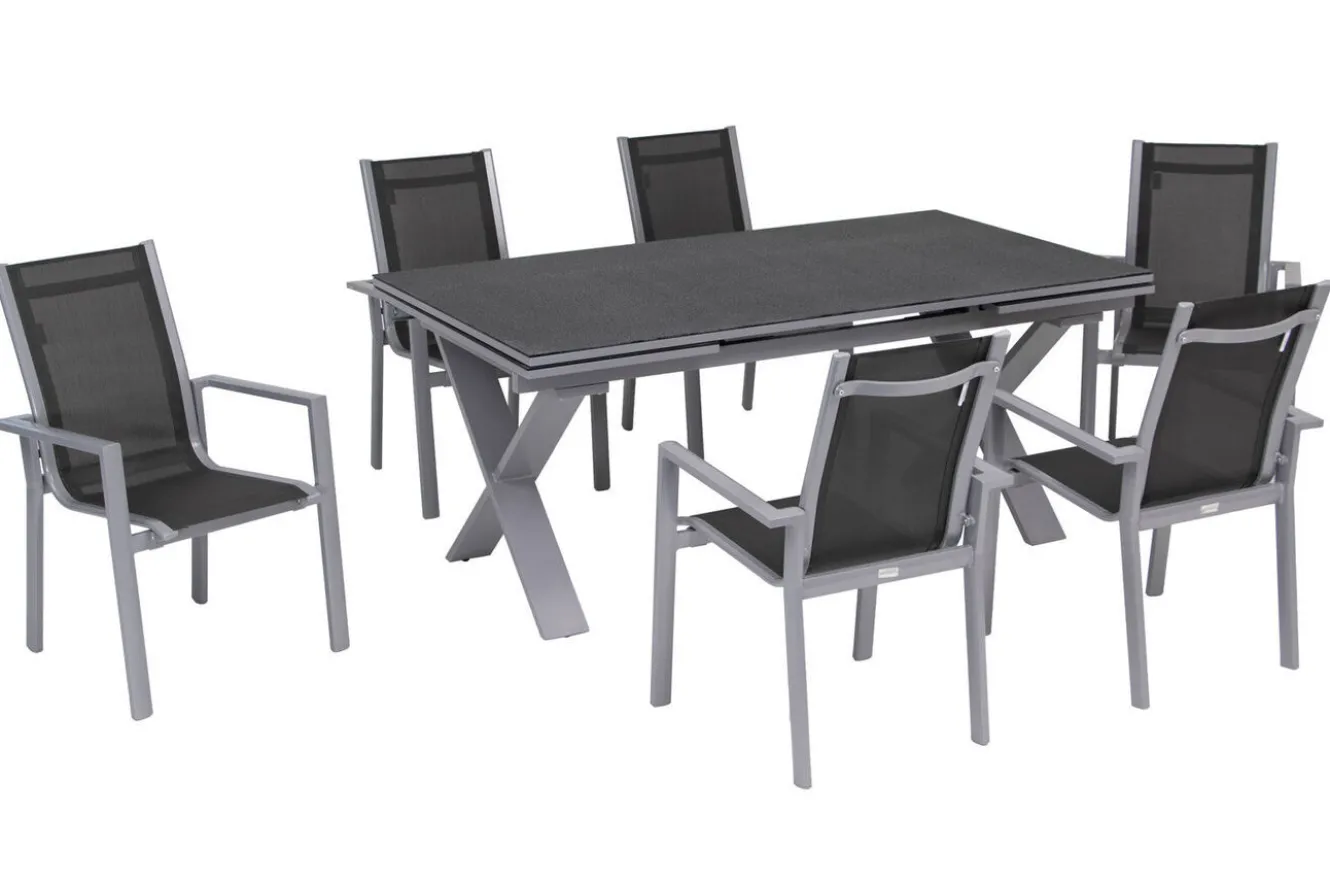 OUTFLEXX Garten-Essgruppe, silber, Alu / Spraystone / Textil, Tisch 180/280x100cm, 6 Stapelsessel