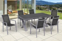 OUTFLEXX Garten-Essgruppe, silber, Alu / Spraystone / Textil, Tisch 180/280x100cm, 6 Stapelsessel