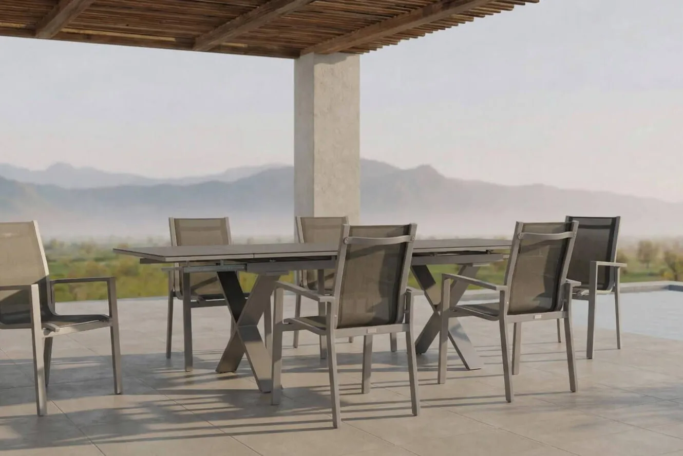 OUTFLEXX Garten-Essgruppe, silber, Alu / Spraystone / Textil, Tisch 180/280x100cm, 6 Stapelsessel