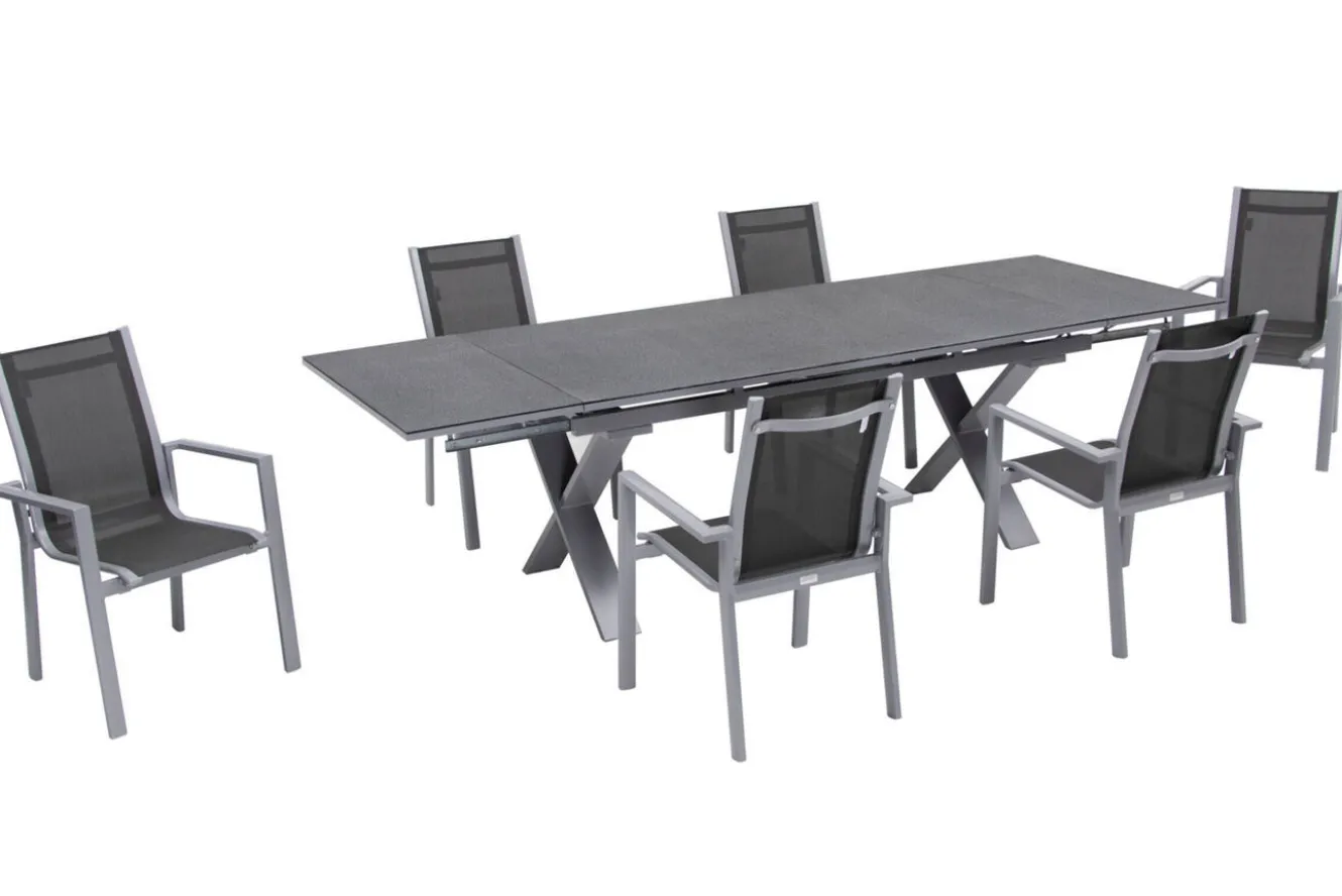 OUTFLEXX Garten-Essgruppe, silber, Alu / Spraystone / Textil, Tisch 180/280x100cm, 6 Stapelsessel
