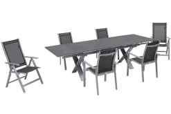OUTFLEXX Garten-Essgruppe, silber, Alu / Keramik / Textil, Tisch 180/280 x 100 cm, 4 Stapelsessel, 2 Klappstühle