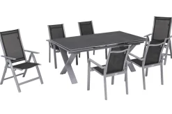 OUTFLEXX Garten-Essgruppe, silber, Alu / Keramik / Textil, Tisch 180/280 x 100 cm, 4 Stapelsessel, 2 Klappstühle