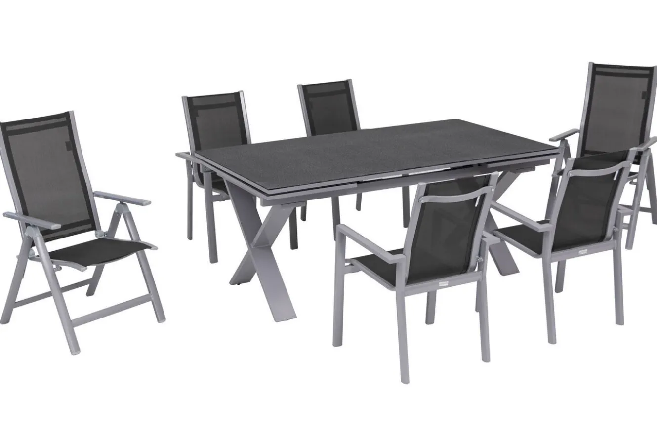 OUTFLEXX Garten-Essgruppe, silber, Alu / Keramik / Textil, Tisch 180/280 x 100 cm, 4 Stapelsessel, 2 Klappstühle