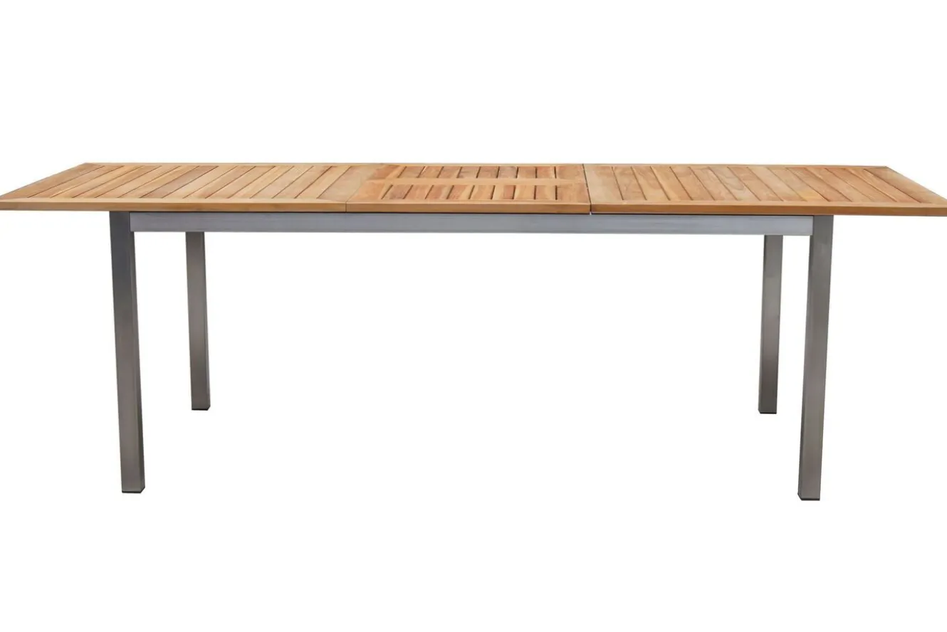 OUTFLEXX Garten-Essgruppe, silber, 200/300 x 100 cm, Edelstahl/Teak, Ausziehtisch, 6 Stühle padded, 2 Klappstühle, FSC®-zertifiziertes Produkt