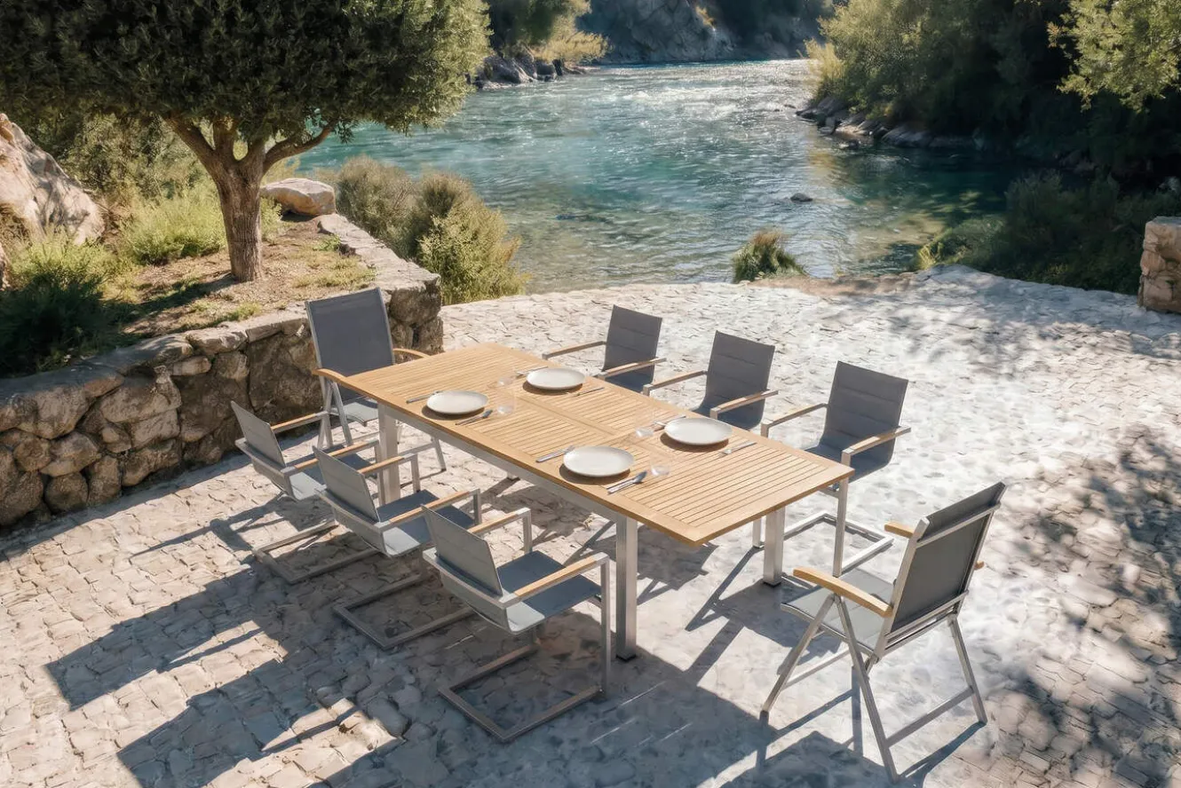 OUTFLEXX Garten-Essgruppe, silber, 200/300 x 100 cm, Edelstahl/Teak, Ausziehtisch, 6 Stühle padded, 2 Klappstühle, FSC®-zertifiziertes Produkt