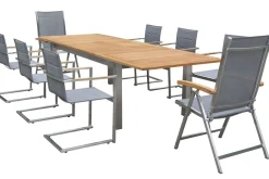 OUTFLEXX Garten-Essgruppe, silber, 200/300 x 100 cm, Edelstahl/Teak, Ausziehtisch, 6 Stühle padded, 2 Klappstühle, FSC®-zertifiziertes Produkt