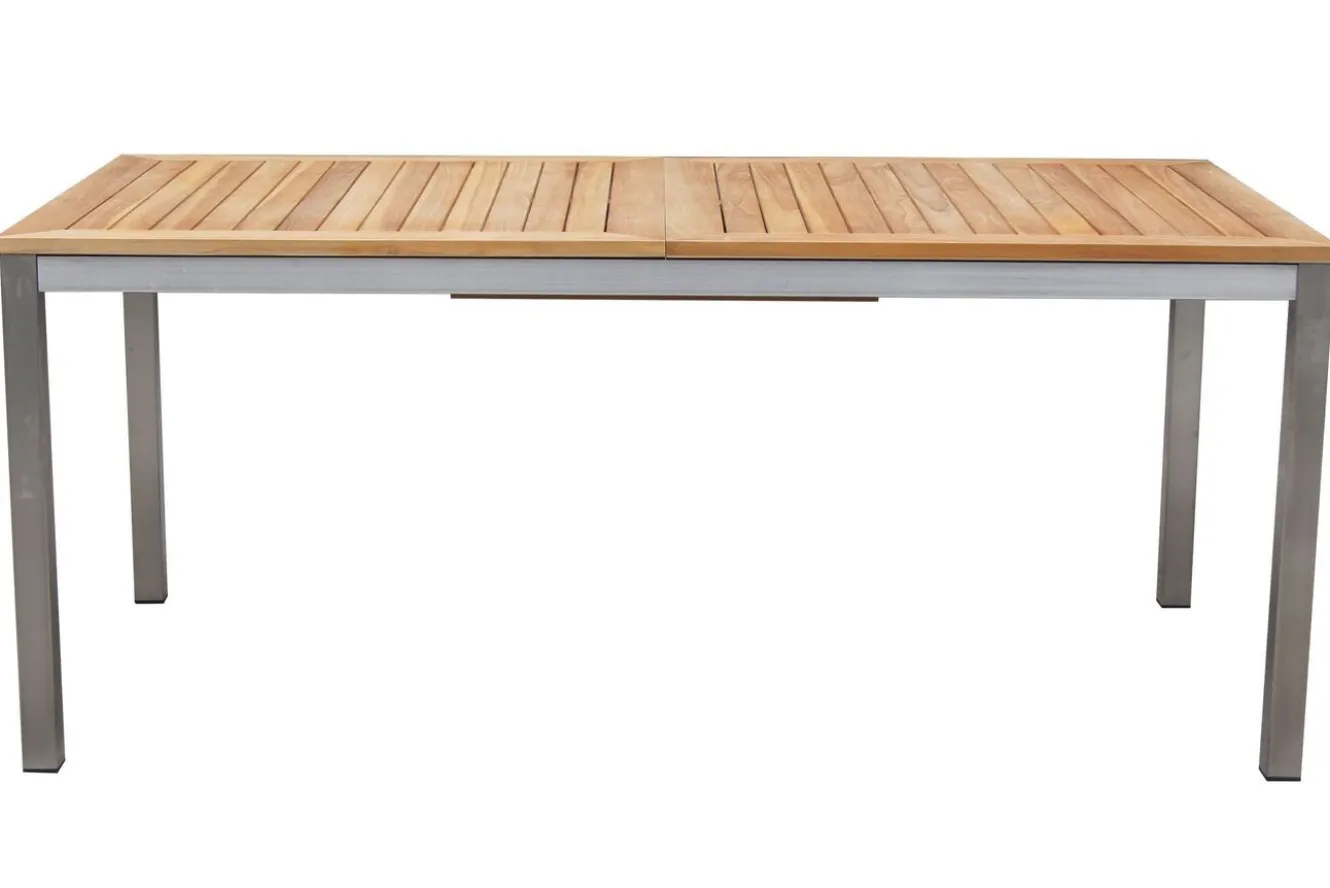 OUTFLEXX Garten-Essgruppe, silber, 200/300 x 100 cm, Edelstahl/Teak, Ausziehtisch, 6 Stühle padded, 2 Klappstühle, FSC®-zertifiziertes Produkt