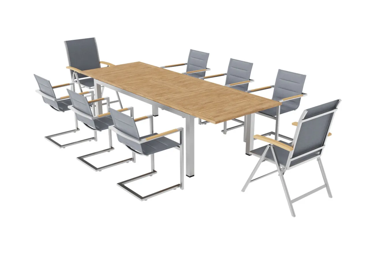 OUTFLEXX Garten-Essgruppe, silber, 200/300 x 100 cm, Edelstahl/Teak, Ausziehtisch, 6 Stühle padded, 2 Klappstühle, FSC®-zertifiziertes Produkt