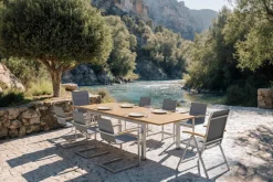 OUTFLEXX Garten-Essgruppe, silber, 200/300 x 100 cm, Edelstahl/Teak, Ausziehtisch, 6 Stühle padded, 2 Klappstühle, FSC®-zertifiziertes Produkt