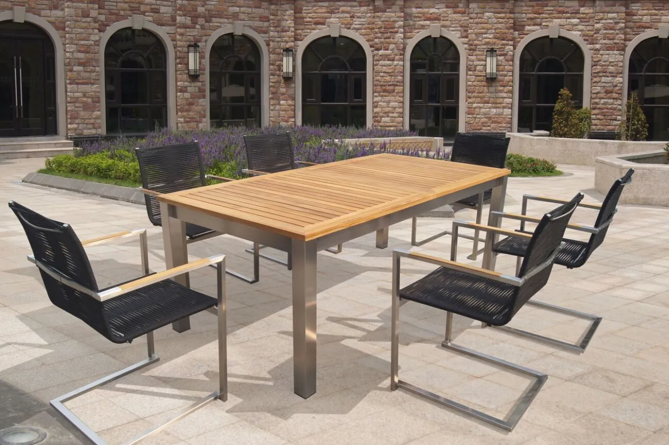 OUTFLEXX Garten-Essgruppe, silber/schwarz, Edelstahl/Teak, Ausziehtisch 200-300 x 100 cm, 6 Freischwinger, FSC®-zertifiziertes Produkt