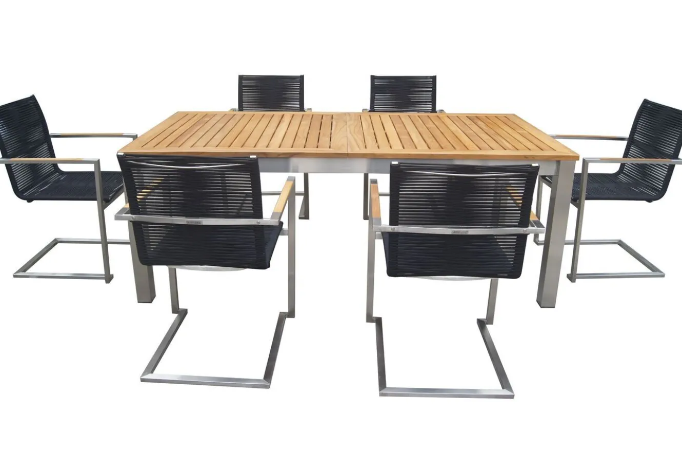 OUTFLEXX Garten-Essgruppe, silber/schwarz, Edelstahl/Teak, Ausziehtisch 200-300 x 100 cm, 6 Freischwinger, FSC®-zertifiziertes Produkt