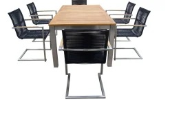 OUTFLEXX Garten-Essgruppe, silber/schwarz, Edelstahl/Teak, Ausziehtisch 200-300 x 100 cm, 6 Freischwinger, FSC®-zertifiziertes Produkt