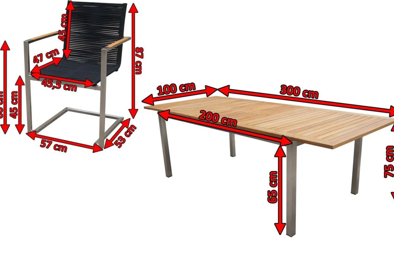 OUTFLEXX Garten-Essgruppe, silber/schwarz, Edelstahl/Teak, Ausziehtisch 200-300 x 100 cm, 6 Freischwinger, FSC®-zertifiziertes Produkt