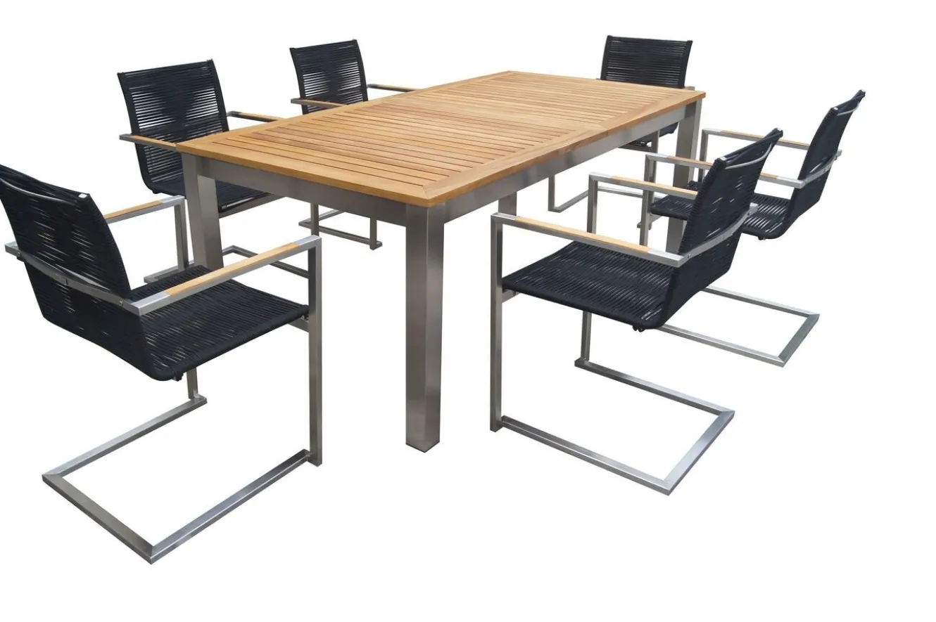 OUTFLEXX Garten-Essgruppe, silber/schwarz, Edelstahl/Teak, Ausziehtisch 200-300 x 100 cm, 6 Freischwinger, FSC®-zertifiziertes Produkt