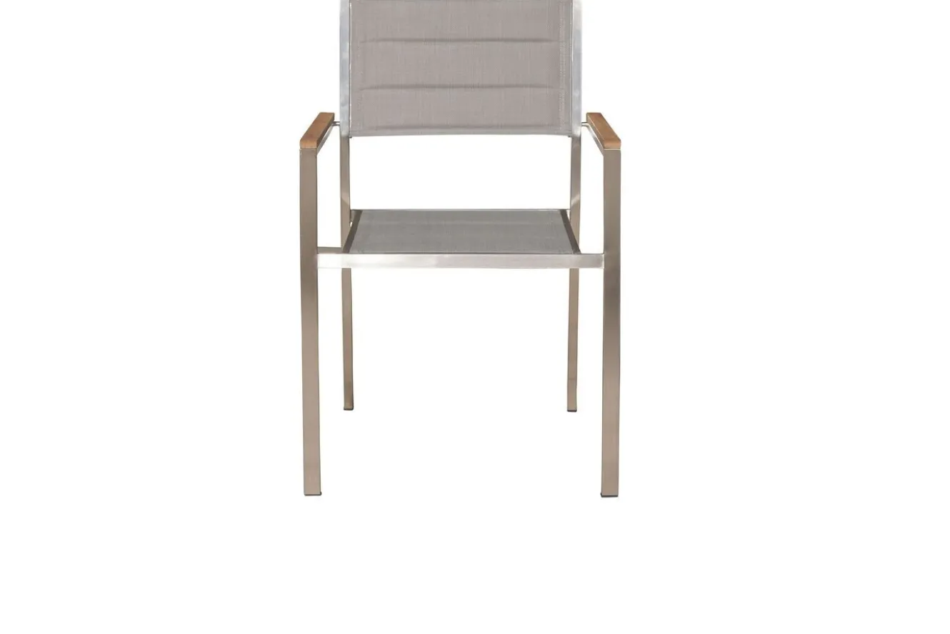 OUTFLEXX Gartenessgruppe, Silber, Edelstahl/Glaskeramik, Tisch 200x100cm, 6 Stapelstühle, Bodenschoner Inklusive