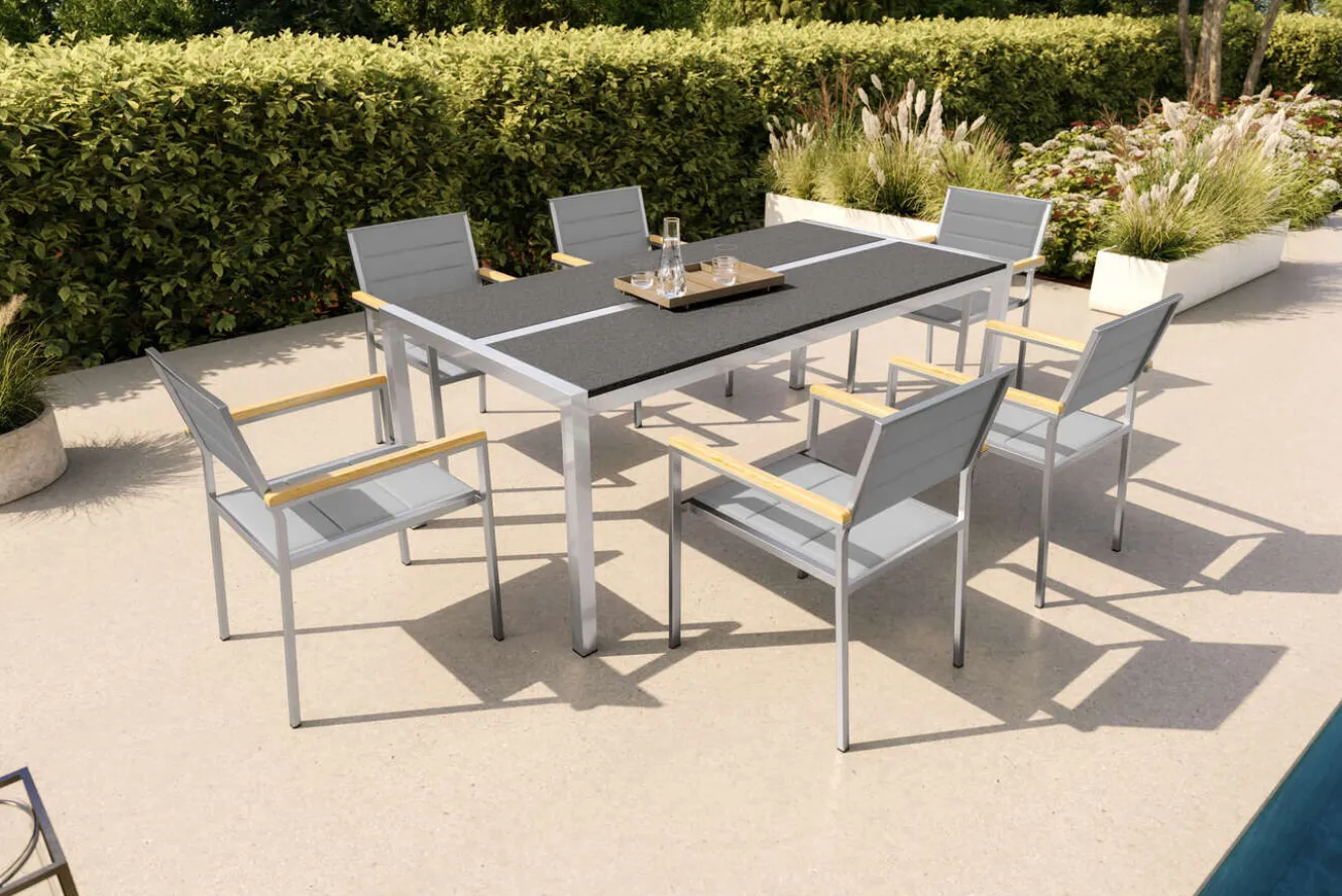 OUTFLEXX Gartenessgruppe, Silber, Edelstahl/Glaskeramik, Tisch 200x100cm, 6 Stapelstühle, Bodenschoner Inklusive