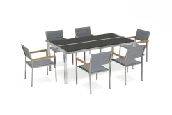 OUTFLEXX Gartenessgruppe, Silber, Edelstahl/Glaskeramik, Tisch 200x100cm, 6 Stapelstühle, Bodenschoner Inklusive