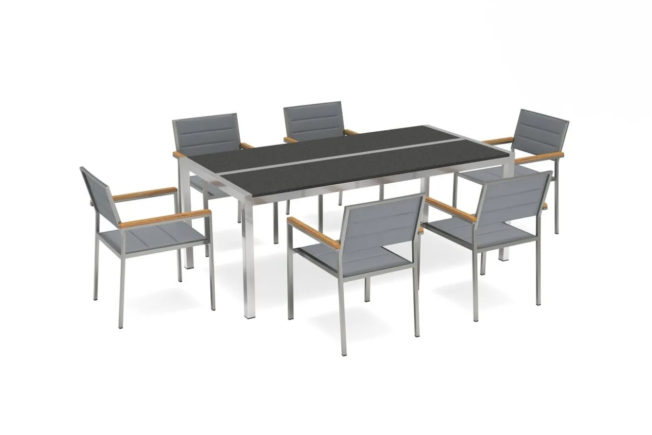 OUTFLEXX Gartenessgruppe, Silber, Edelstahl/Glaskeramik, Tisch 200x100cm, 6 Stapelstühle, Bodenschoner Inklusive