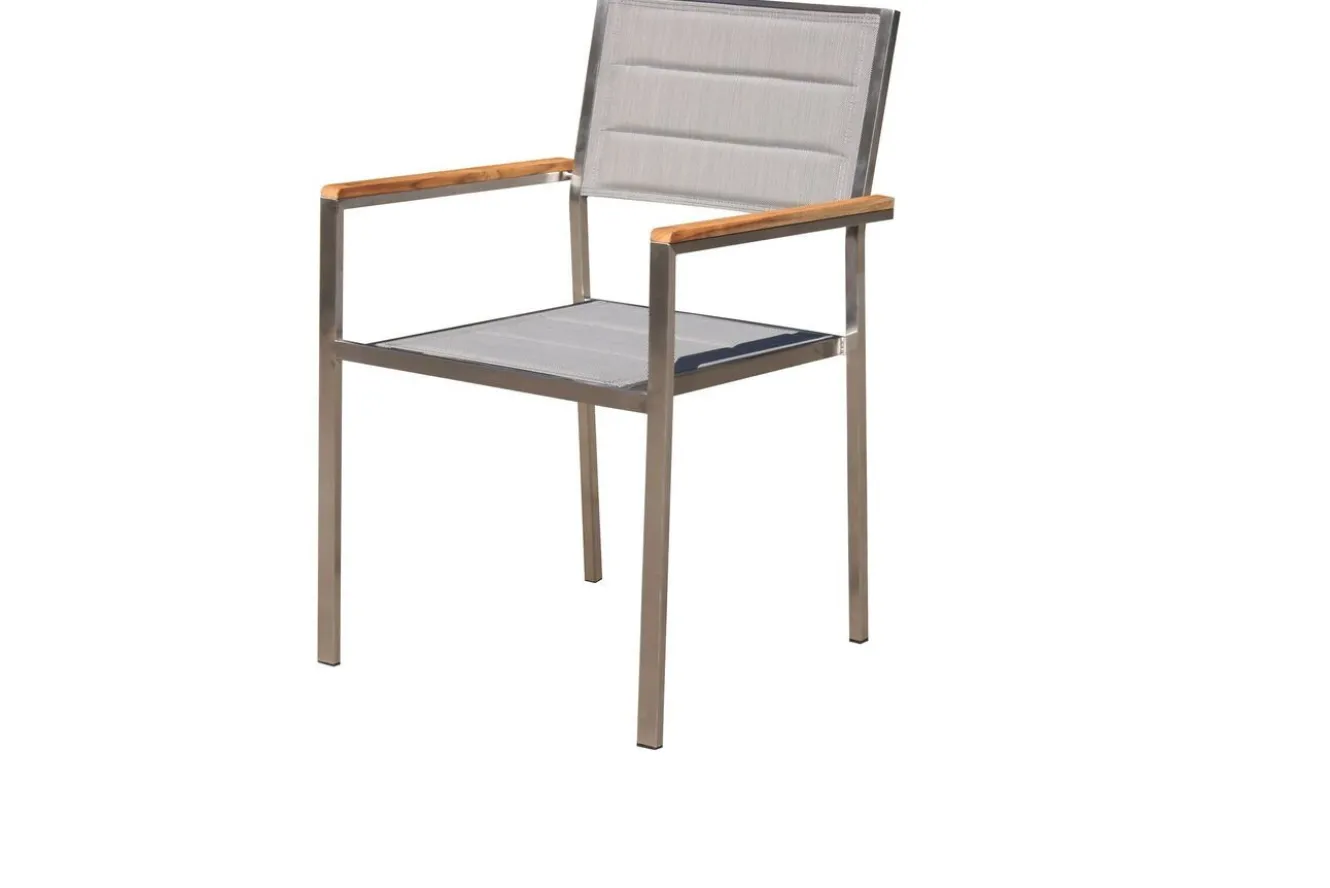 OUTFLEXX Gartenessgruppe, Silber, Edelstahl/Glaskeramik, Tisch 200x100cm, 6 Stapelstühle, Bodenschoner Inklusive