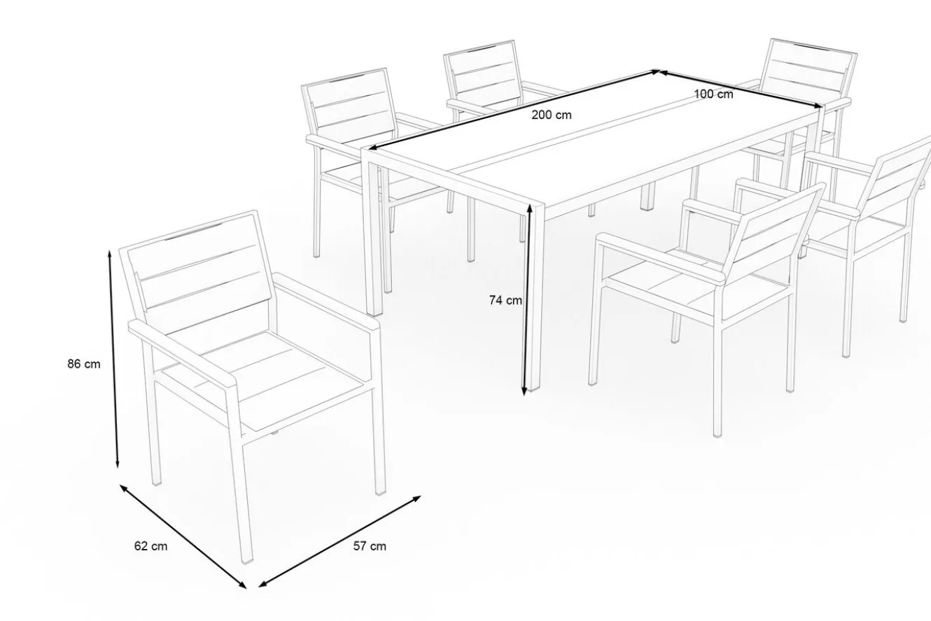 OUTFLEXX Gartenessgruppe, Silber, Edelstahl/Glaskeramik, Tisch 200x100cm, 6 Stapelstühle, Bodenschoner Inklusive