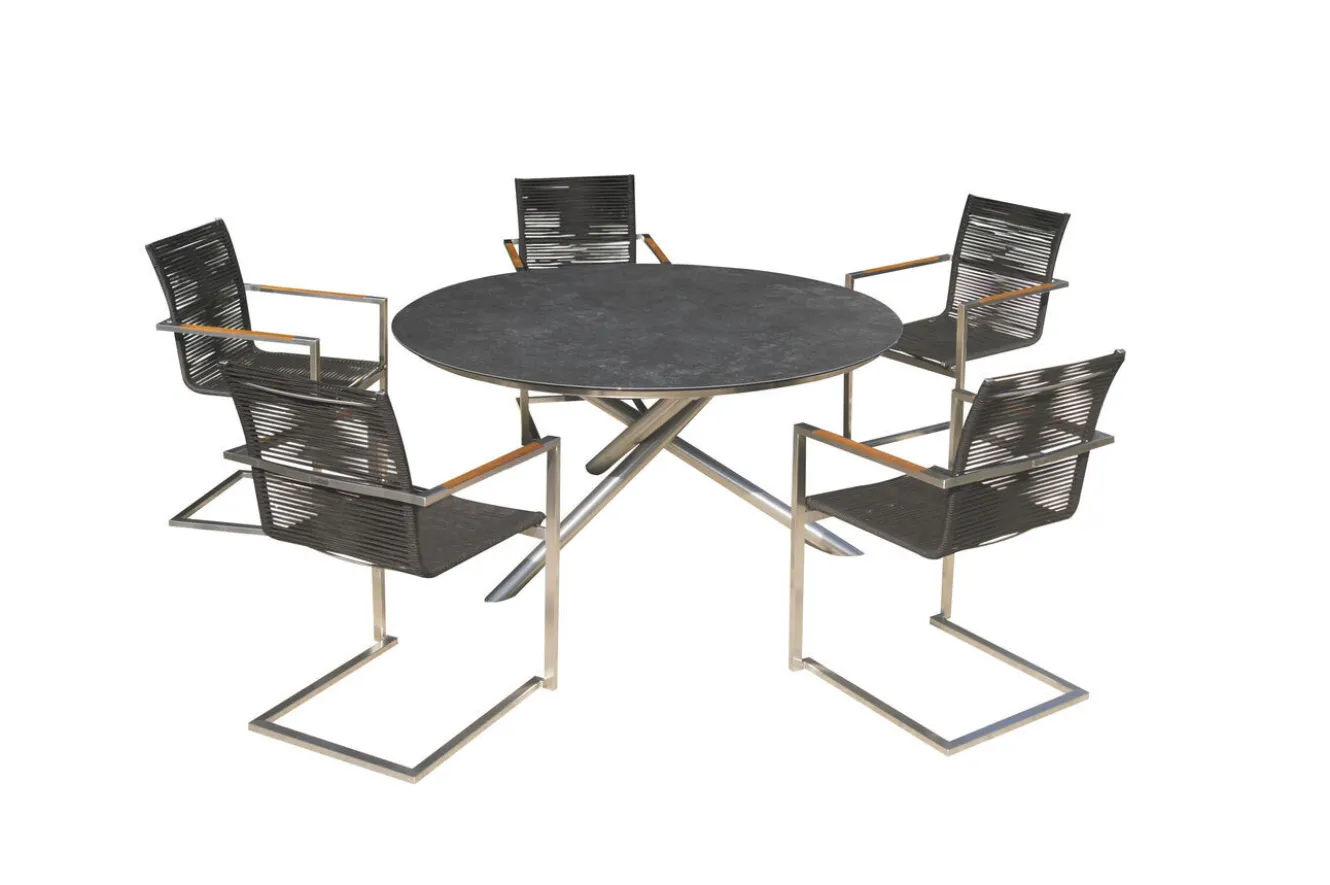 OUTFLEXX Garten-Essgruppe, silber/schwarz, Edelstahl/Glaskeramik/Rope/Teak, Tisch Ø150cm, 5 Freischwinger