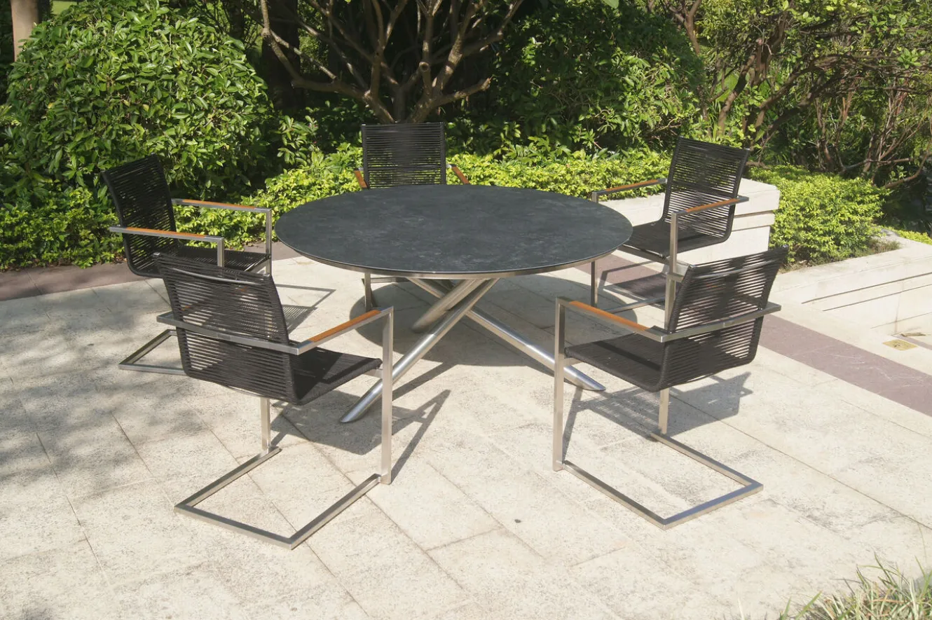 OUTFLEXX Garten-Essgruppe, silber/schwarz, Edelstahl/Glaskeramik/Rope/Teak, Tisch Ø150cm, 5 Freischwinger