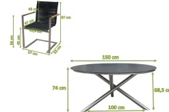 OUTFLEXX Garten-Essgruppe, silber/schwarz, Edelstahl/Glaskeramik/Rope/Teak, Tisch Ø150cm, 5 Freischwinger