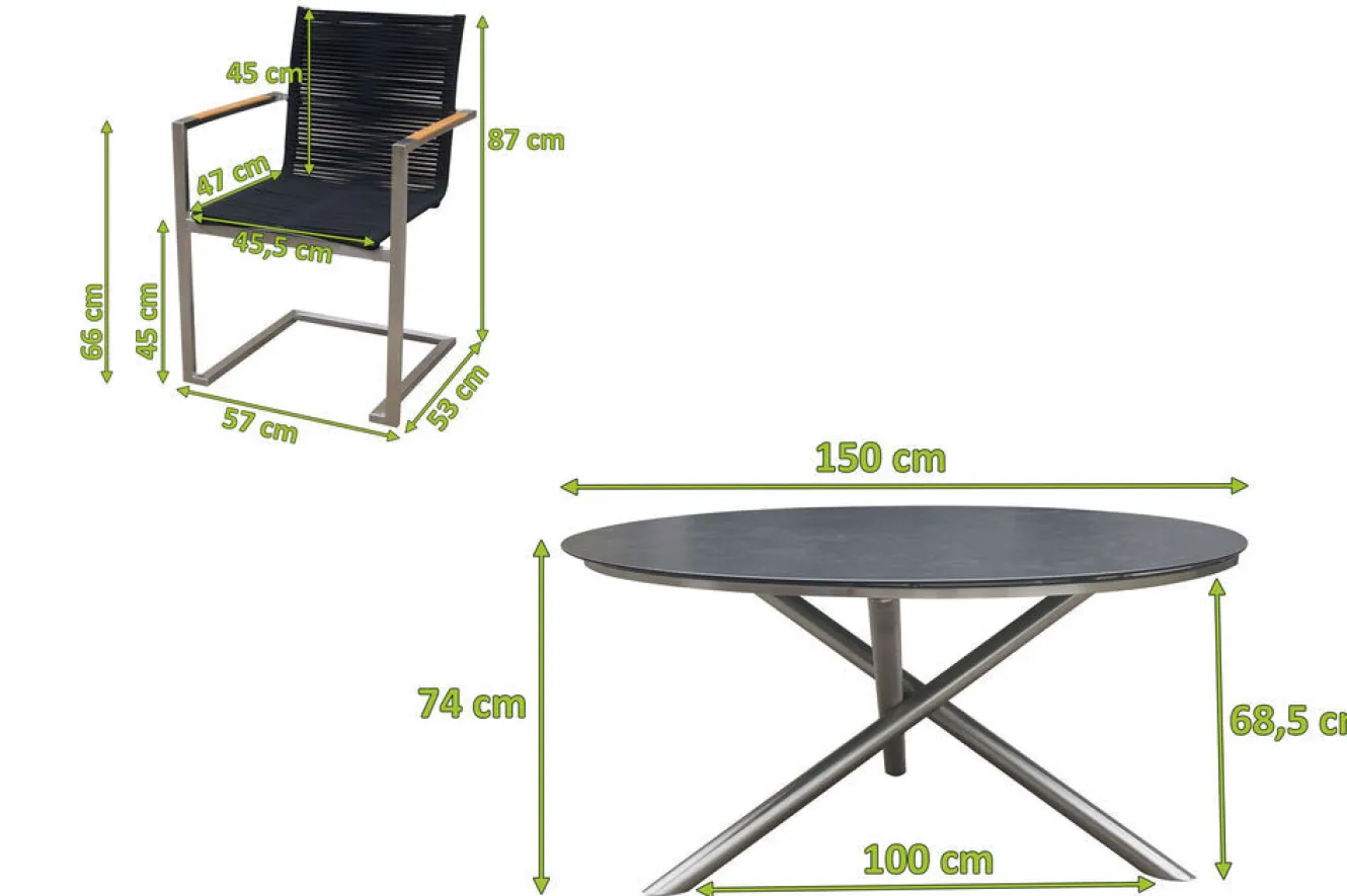 OUTFLEXX Garten-Essgruppe, silber/schwarz, Edelstahl/Glaskeramik/Rope/Teak, Tisch Ø150cm, 5 Freischwinger