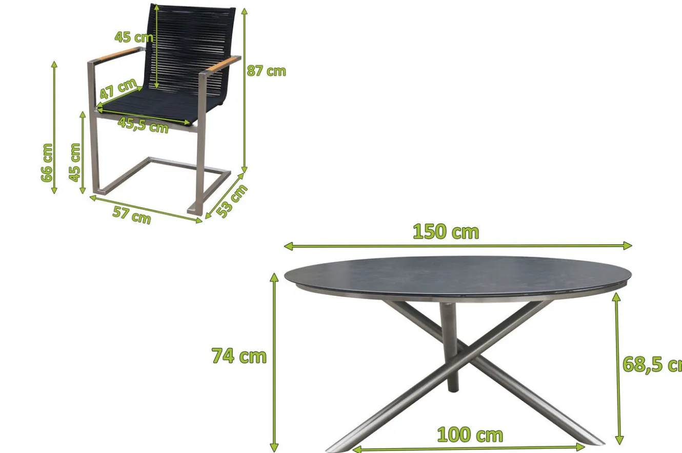 OUTFLEXX Garten-Essgruppe, silber/schwarz, Edelstahl/Glaskeramik/Rope/Teak, Tisch Ø150cm, 5 Freischwinger