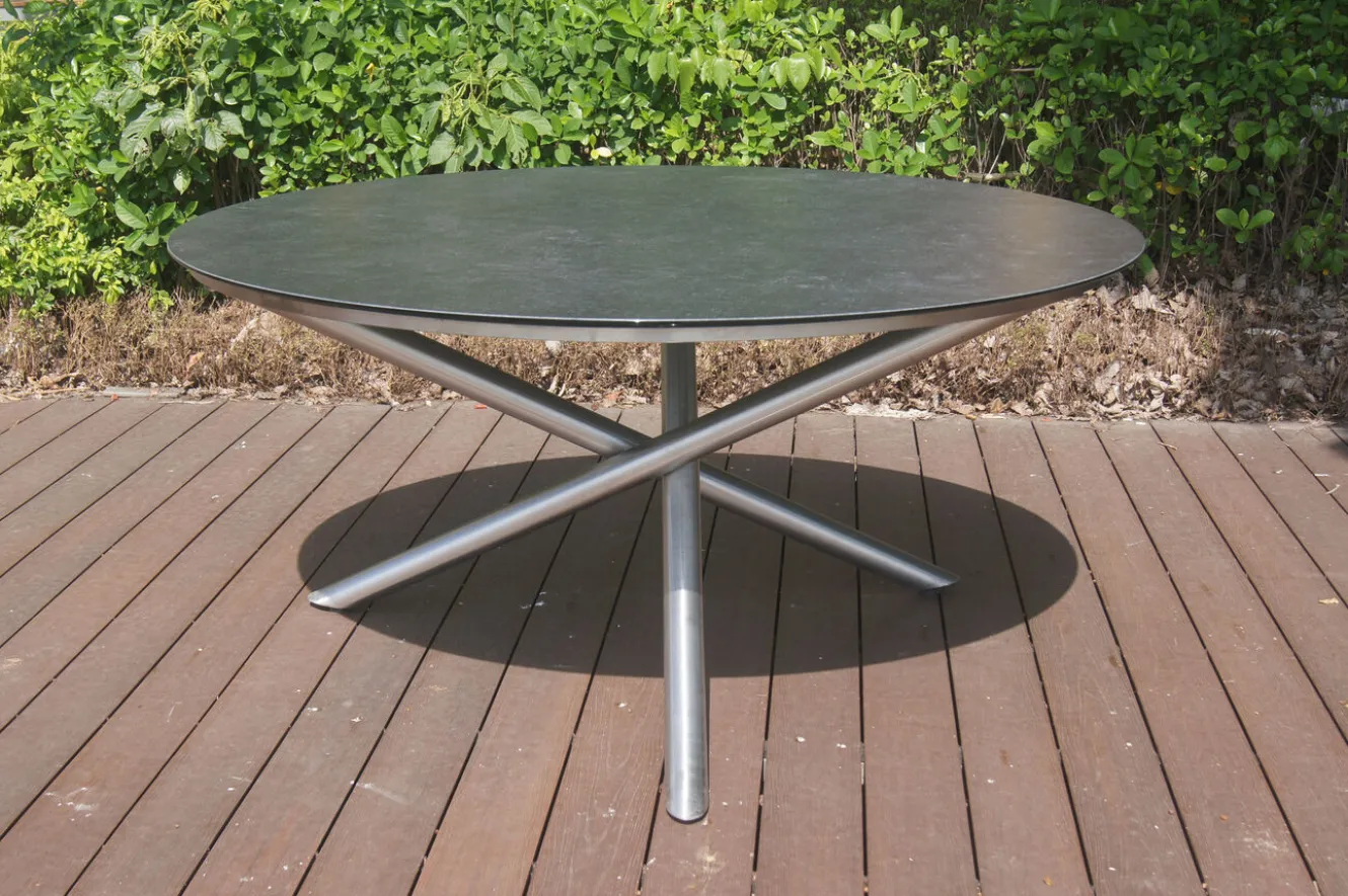 OUTFLEXX Garten-Essgruppe, silber/schwarz, Edelstahl/Glaskeramik/Rope/Teak, Tisch Ø150cm, 5 Freischwinger