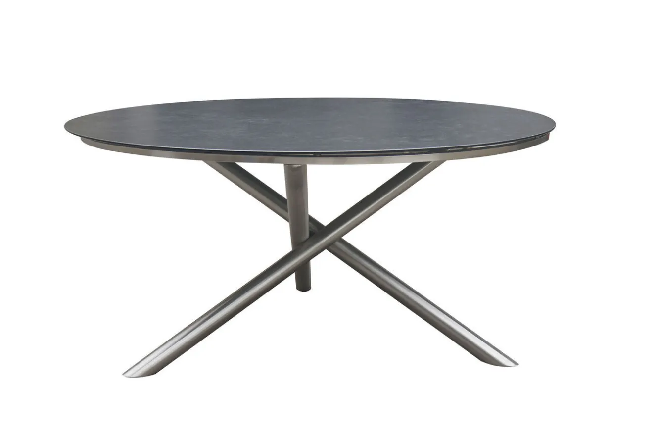 OUTFLEXX Garten-Essgruppe, silber/schwarz, Edelstahl/Glaskeramik/Rope/Teak, Tisch Ø150cm, 5 Freischwinger