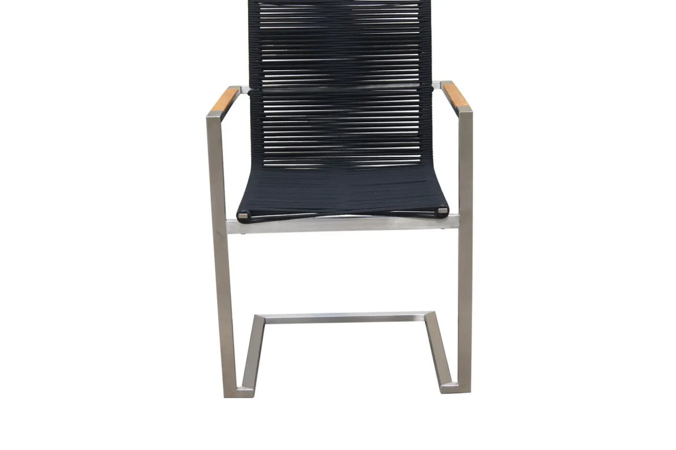 OUTFLEXX Garten-Essgruppe, silber/schwarz, Edelstahl/Glaskeramik/Rope/Teak, Tisch Ø150cm, 5 Freischwinger