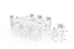 OUTFLEXX Garten-Essgruppe, Teakholz, Ausziehtisch 195/295 x 90 cm, 8 Armlehnensessel, inkl. Polster