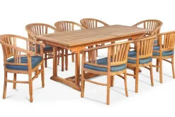 OUTFLEXX Garten-Essgruppe, Teakholz, Ausziehtisch 195/295 x 90 cm, 8 Armlehnensessel, inkl. Polster