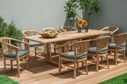 OUTFLEXX Garten-Essgruppe, Teakholz, Ausziehtisch 160/210x90cm, 8 Armlehnensessel, inkl. Polster